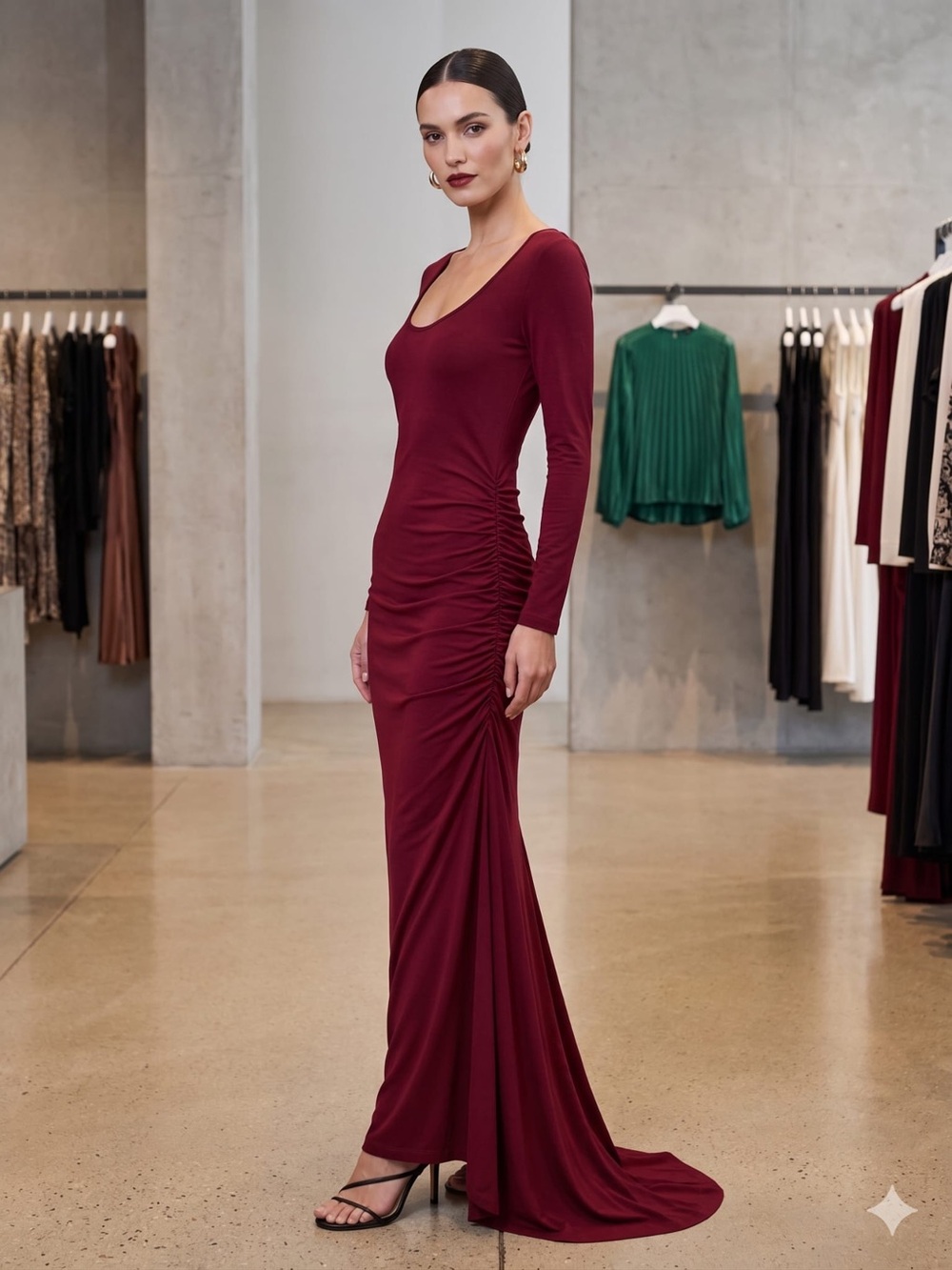 Women's Long-Sleeve Ruched Burgundy Maxi Dress